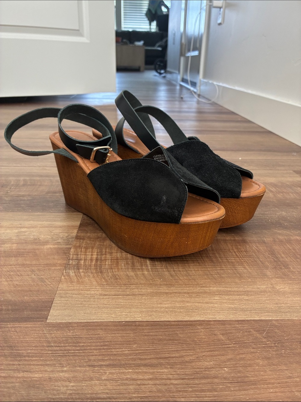 Seychelles Black Suede Platform Wedge Sandals with Wood-Look Platform
